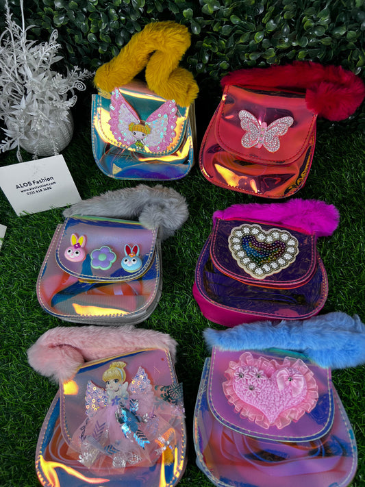 Beautiful bag with short fur handle and long strap for kids