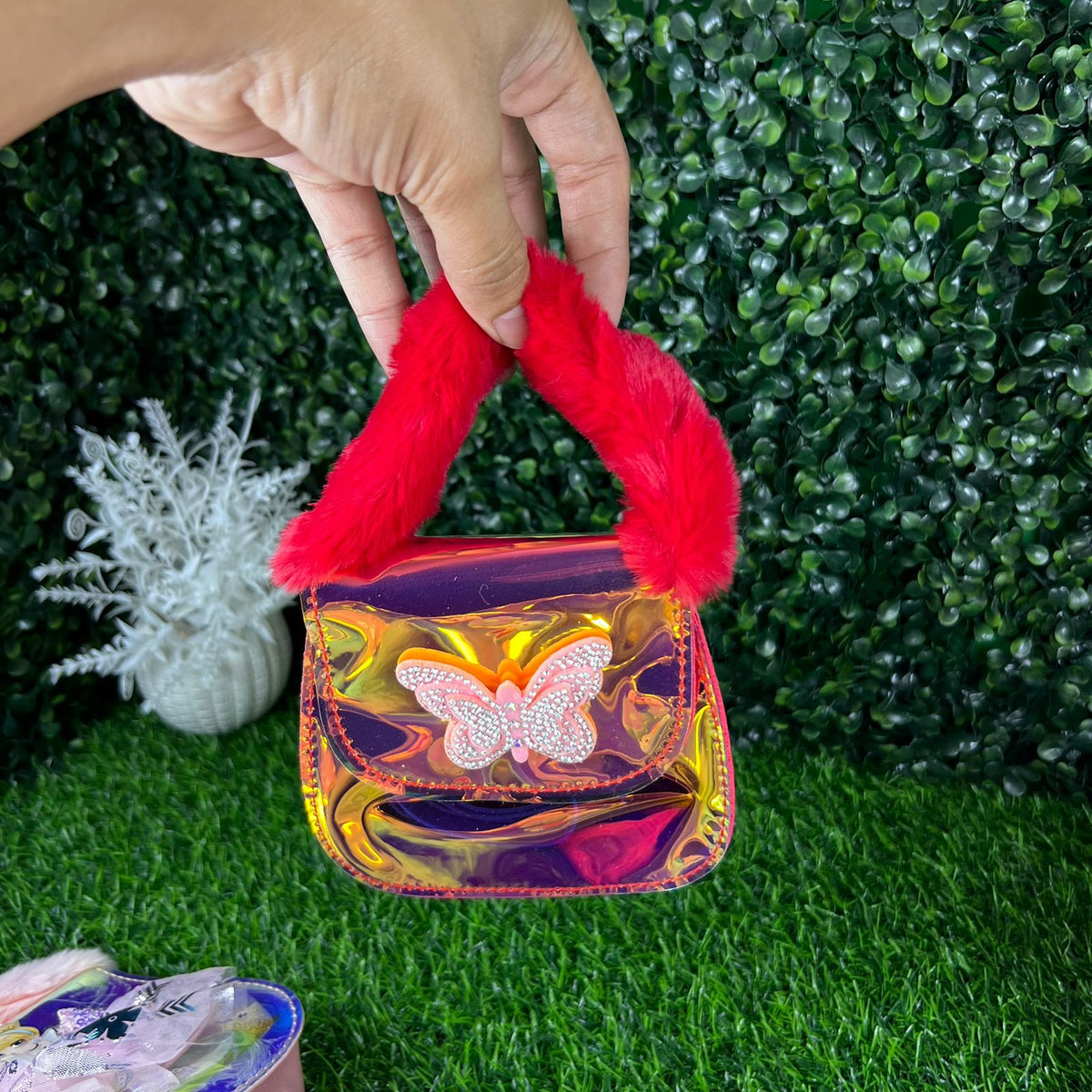 Beautiful bag with short fur handle and long strap for kids