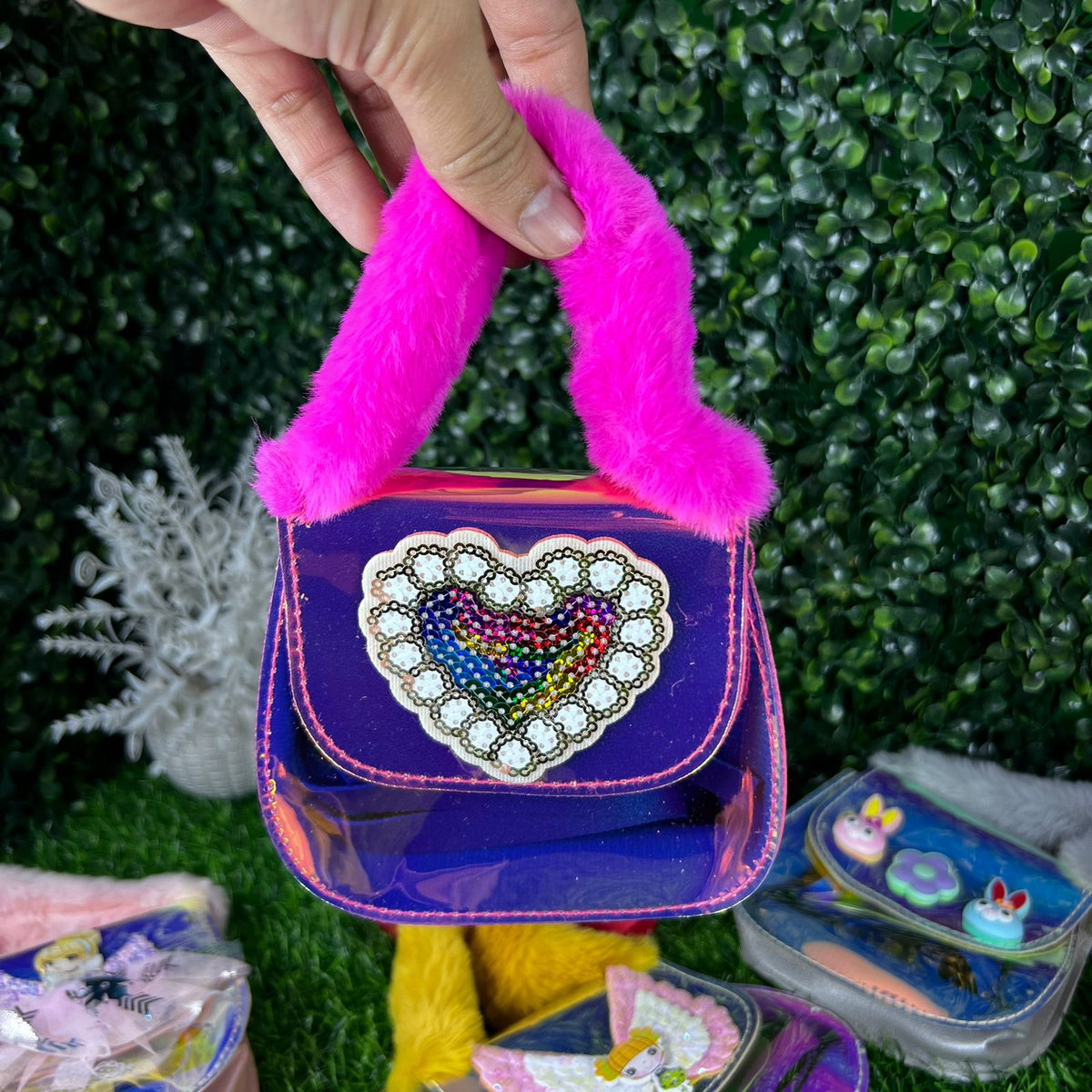 Beautiful bag with short fur handle and long strap for kids