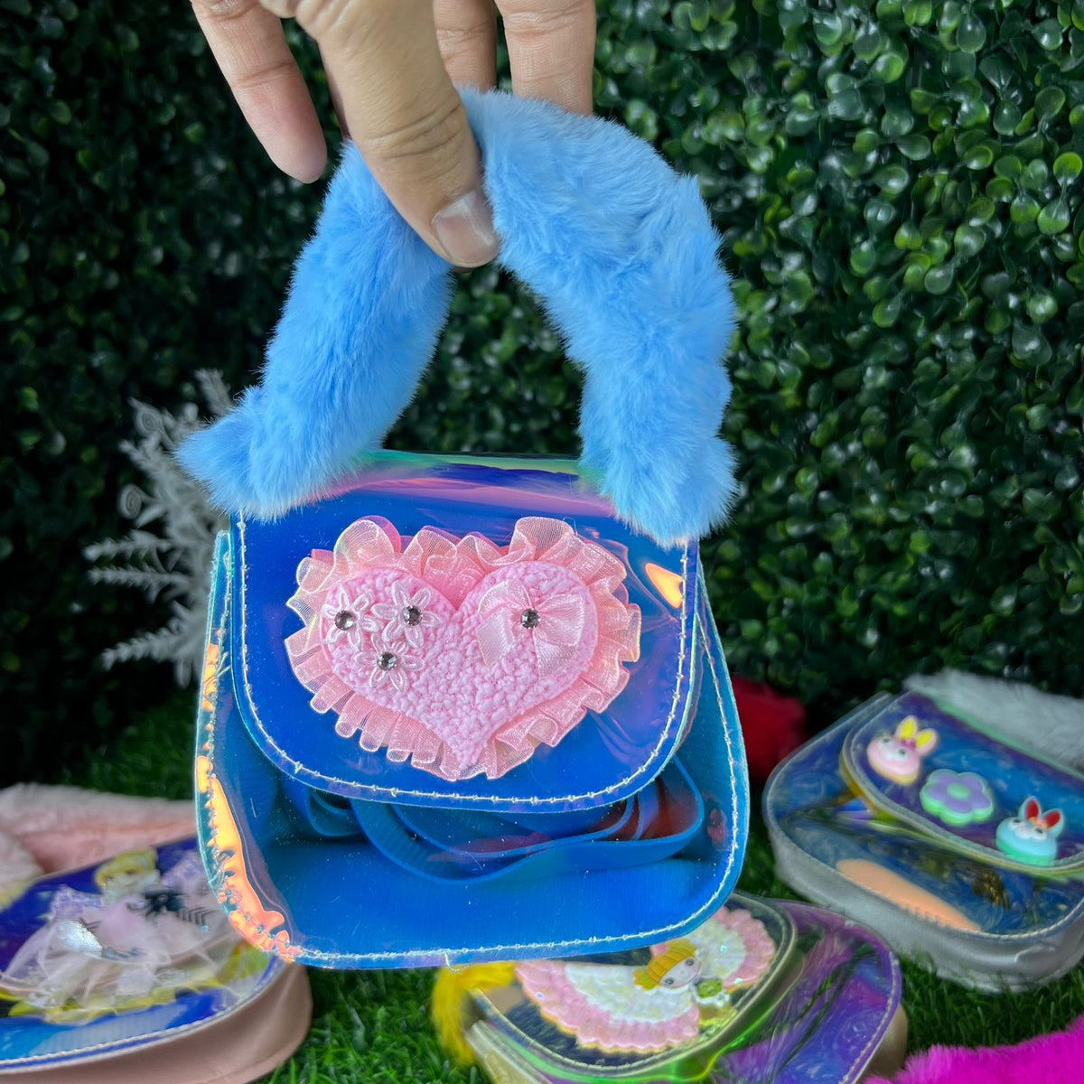 Beautiful bag with short fur handle and long strap for kids